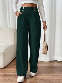 SHEIN PETITE CURVE Plus Size Women's Double Buckle Straight Leg Elegant Commuter Pants - Dark Green - View 4