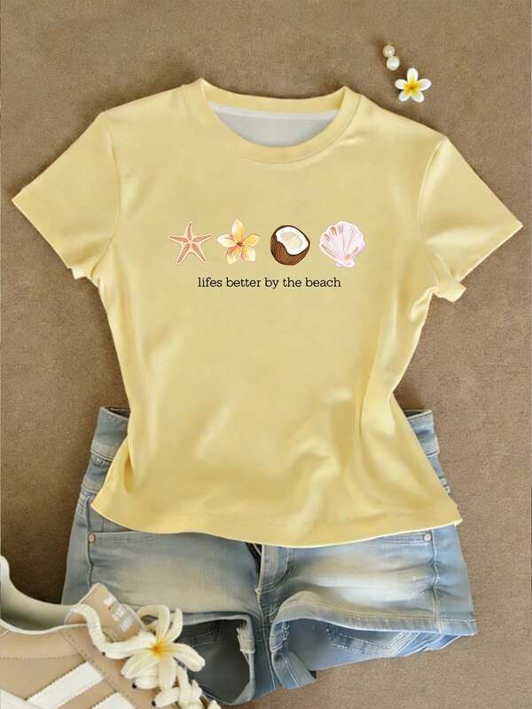 INAWLY Creamy Yellow,Butter Yellow,Flowers Pattern,Casual For Women,Casual T-Shirt, Graphic Tee,Summer,Women's Beach Top Summer,Beach,Beach T-Shirt,Women T-Shirt,Gift For Sister,Y2k Top,Y2k