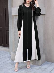Al Najma 优雅纯色阿拉伯风格女式连衣裙，日常穿着 - 黑色 - 查看 6