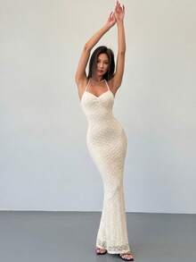 Aloruh Đầm maxi nữ thanh lịch màu mơ chấm bi dệt jacquard hở lưng, trang phục mùa hè, đầm maxi đi biển buộc dây, trang phục nghỉ mát đi biển cho nữ, phong cách Bohemian. - Màu be - Xem 7