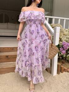 DAZY Women's Elegant Floral Ruffle Hem Strapless Mid-Length Dress, Summer Wedding Guest Dress - Purple - View 5