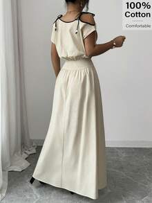 Siren Gaze Summer Outfits For Women Women's Contrast Trim Knot Pocket Casual Long Dress - Apricot - View 3