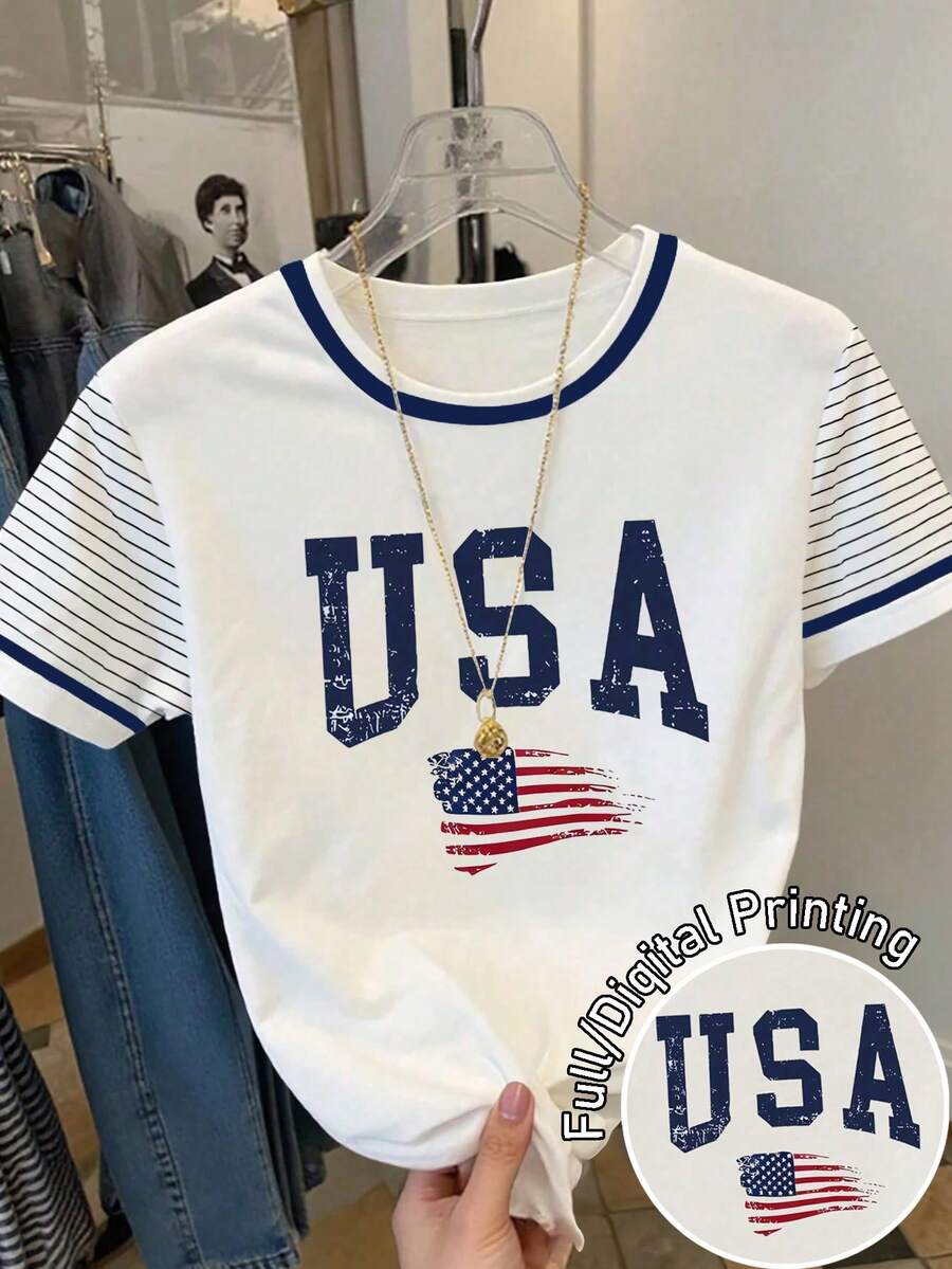 Resyla Camiseta de manga corta de cuello redondo de ajuste regular con estampado de EE. UU. para mujer - Blanco - Ver 1