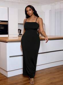 Veslaya Vestido Longo Preto Básico Estilo Sexy com Alças Finas, Decote Nas Costas e Amarração Na Frente, Tecido Elástico de Malha, Tamanhos Grandes, Adequado para Ocasiões Elegantes, Casuais, Férias, Passeios Diários, Reuniões, Encontros, Festivais de Música, Jantares e Festas - Preto - Visão 5