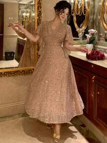 DAZY 女士优雅亮片V领荷叶袖中长连衣裙，夏季婚礼宾客礼服闪亮吊带裙 - 粉色 - 查看 9