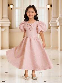 Glamorique Kids Pink Summer Traditional Wedding Young Girl Elegant Jacquard Puff Sleeve Bow Tie Neck Dress,Princess Princess Dress For Performance,Holiday Party - Pink - View 8