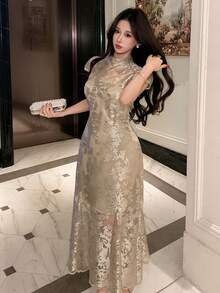 DAZY 女士优雅蕾丝全印花立领中长连衣裙，夏季复活节长款连衣裙 - 杏色 - 查看 5