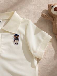 Souflis Souflis Newborn Baby Boy French Style Beige Short Sleeve Polo Shirt,Bear Embroidery White Summer Cute Carrer Day Outfit,Fashionable Clothes For School Play - Apricot - View 9