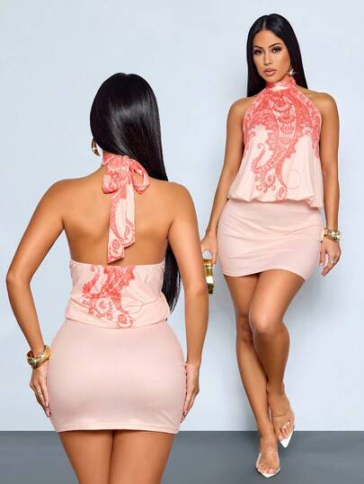 SOLERSUN Sexy, Elegant, And Casual, This Halter-Neck Bohemian Print Mini Dress Is Perfect For Beach Vacations And Parties. Features An Apricot Color And A "Old Money" Aesthetic.