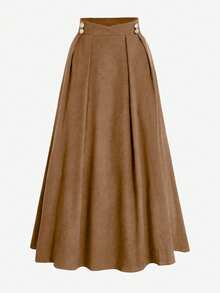 Franclia Plus Size Women High Waist Flared Skirt, Elegant Commuter, Date, Casual, Versatile, Decorated With Gold/Coffee Buttons Brown Long Skirt Brown Midi Skirt Brown Pleated Skirt Warm Brown Skirt Long Brown Skirt Brown Elegant Skirt Western Skirt Earthy Skirt Women Brown Maxi Skirt - Khaki - View 5