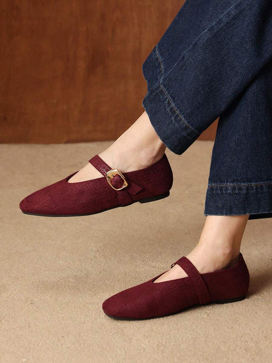 MOTF PREMIUM WOMEN'S COMMUTING CASUAL COMFORTABLE VERSATILE MARY JANE SQUARE TOE FLAT SHOES VALENTINE'S DAY - Burgundy alligator pattern - View 1
