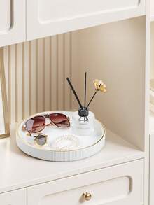 1pc Gold Rimmed Vertical Striped Round Decorative Tray, PU Leather Tray For Tabletop Decor, Home Decor, Desk Organizer Tray For Jewelry, Perfume, Keys - Luxurious Aesthetics - Multicolor - View 2