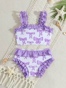 Girls Pink Butterfly Ruffle Swimsuit Set, Summer Beach - Pink - View 1