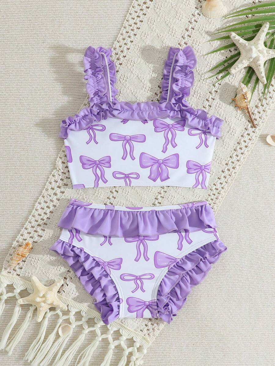 Girls Pink Butterfly Ruffle Swimsuit Set, Summer Beach - Pink - View 1