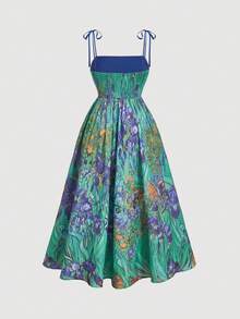 SHEIN MOD 大码夏季油画蓝色花卉印花细肩带中长连衣裙 - 彩色 - 查看 3