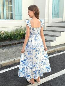 SHEIN Đầm mùa hè cho bé gái tuổi teen, họa tiết hoa xanh trắng, viền bèo nhún, eo thắt, phong cách boho, thích hợp cho kỳ nghỉ biển. - Xanh và trắng - Xem 8