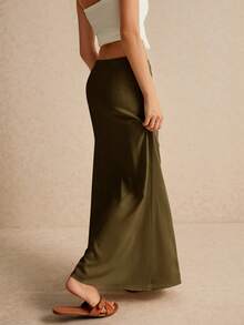 Poéselle Women's Skirt, Floor Length Maxi Skirt, Tie At Waist, Cute Skirt, Low Waist Skirt - Army Green - View 5