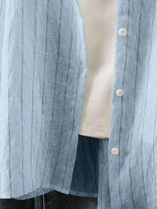 SHEIN Teen Girls Casual Minimalist Beige & White Pinstripe Long Sleeve Button-Down Shirt Spring & Autumn Lightweight Breathable Fabric With Polo Embroidery For Daily School & Casual Outings - Blue - View 5