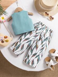 SHEIN Babygirl Vacation Casual Cute Knit Vest Leaf Print Pants Set - Green - View 2
