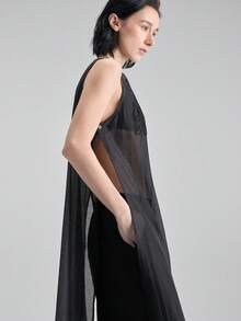 Ontre 2026春夏女士黑色舒适半透明欧根纱面料修身H字型圆领无袖侧开衩方便行走胸前绳绣装饰现代都市时尚商务休闲办公低调复古高端通勤机场邮轮婚礼宾客简约奢华品质必备百搭季节性女式上衣 - 黑色 - 查看 6