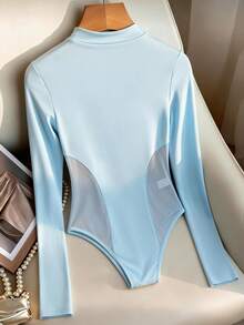 SHEIN Tall Bodys de manga larga con parches de malla transparente de moda para mujer - Azul - Ver 2