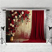 1 Pc Red Gold Rose Pattern Backdrop Red White Floral Background Cloth For Birthday Wedding Bridal Shower Party Portrait Photography Studio Decor - Red - View 3