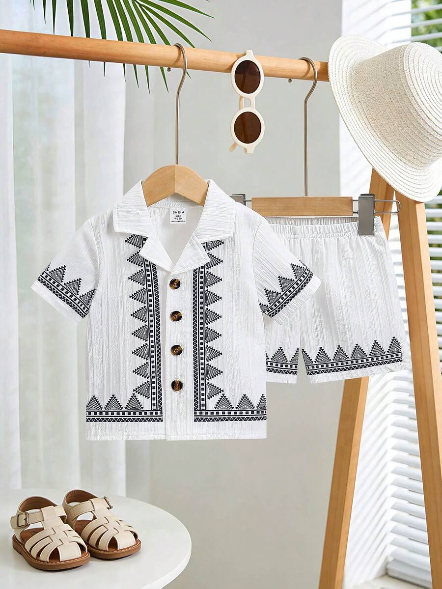 SHEIN Playful Pals Baby Boy Geometric Pattern Patchwork Collar Short Sleeve Shirt And Shorts Set Black And White Baby Boy Outfit Baby Matching Set Summer Baby Boy Clothes Summer 2 Piece Set Baby Boys Outfit Baby Boy Shirt And Short Set - Beige - View 1