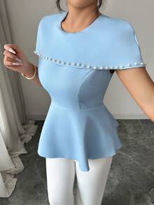 Elenzga New Spring/Summer Elegant Casual Chic Pearl Design Waist Cinched A-Line Blouse, Women Tops - Blue - View 7
