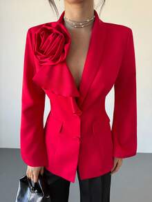 RiviMae Women's Asymmetric Collar Fitted Single-Breasted Slit Flared Sleeve Blazer Jacket - Red - View 7