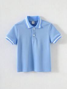 Áo polo thường ngày thoải mái cho trẻ em/bé trai, cổ bẻ và khóa kéo nửa thân, màu trơn. - Màu xanh nhạt - Xem 2