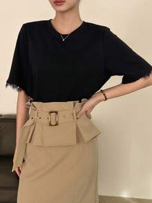 DAZY 女士圆领蕾丝拼接袖口宽松套头衫休闲优雅T恤 - 黑色 - 查看 6