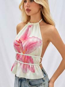 SHEIN EZwear 女士休闲粉色百合印花露背吊带上衣，适合夏季、海滩、音乐节等场合，可用作沙滩罩衫、休闲比基尼、舒适泳装或装饰性沙滩装。 - 彩色 - 查看 5