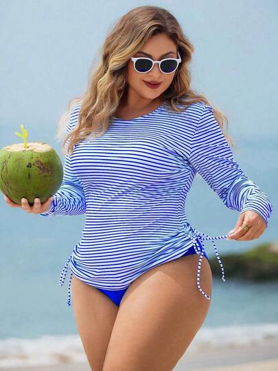 Swim Lushoire 2pcs Plus Size Women Striped Long Sleeve Crop Top & High Waist Swimsuit, Mature Fashion Casual Resort Wear