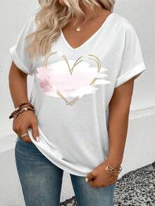 EMERY ROSE Áo thun nữ tay ngắn cổ chữ V in hình trái tim cỡ lớn mới về, Xuân/Hè - trắng - Xem 5
