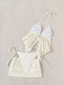 Swim Mod 3件套女士泳装夏季沙滩套装，镂空蕾丝纯色吊带比基尼套装，节日波西米亚风 - 杏色 - 查看 5