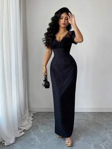 SHEIN Elenzya Urban Chic 新款女士黑色波点V领蕾丝装饰收腰中长连衣裙，适合日常穿着、婚礼、晚宴、通勤、毕业派对、节日、约会、聚会、万圣节、圣诞节、新年、感恩节等场合。 - 黑色 - 查看 7