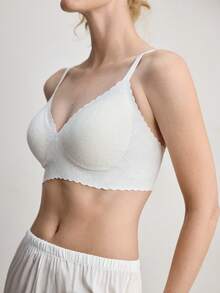 Ocili 1pc Women's Seamless Wireless Bra With Lace Trim, Supportive Soft Cup, Adjustable Shoulder Strap, Daily Comfort Wedding - White - View 5
