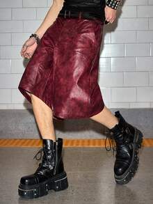 ROMWE MEN Street Life 男士休闲时尚街头宽松阔腿百慕大短裤，PU皮革材质 - 酒紅色 - 查看 6