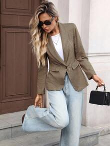 SHEIN LUNE Women's Casual Plaid Long Sleeve Blazer - Brown - View 4