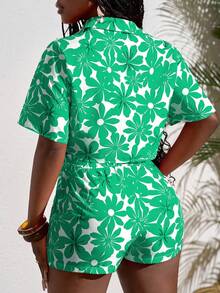 Slaydiva 女士休闲度假红色碎花衬衫短裤两件套 - 綠色 - 查看 8