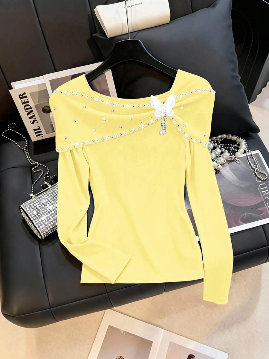 GlowEve CURVE Camiseta de manga larga con hombros descubiertos, con bordados de cuentas y strass, talla grande - Amarillo claro - Ver 1