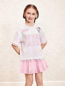HELLO KITTY AND FRIENDS | SHEIN 少女字母卡通印花圆领短袖休闲T恤 - 白色 - 查看 9