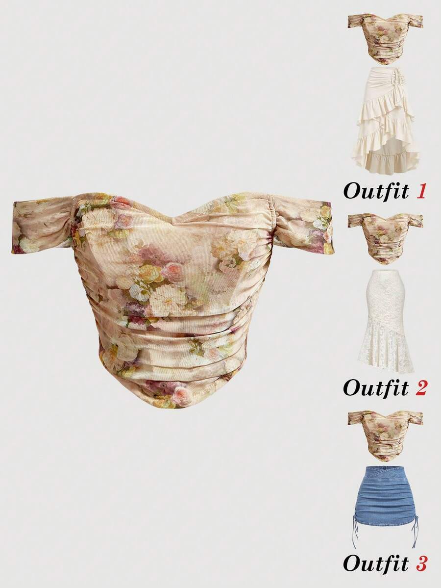 SHEIN MOD 女士印花露肩褶皱不对称下摆时尚上衣，玫瑰图案，露肩设计，束身短款上衣，春夏款，优雅上衣，外出上衣，下午茶派对上衣，露肩上衣，海滩度假款 - 彩色 - 查看 1