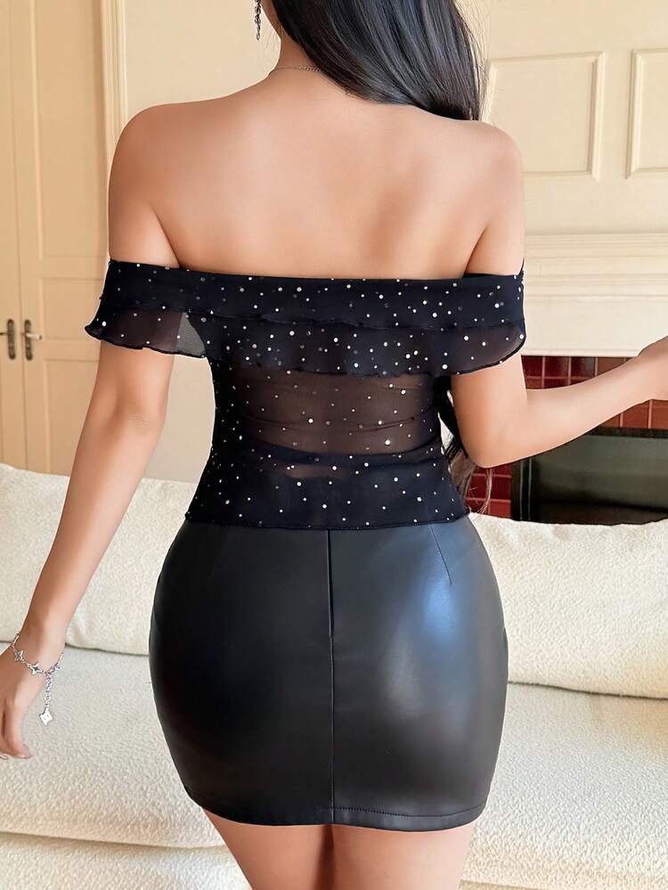 Women's Off Shoulder Black Top With Rhinestone Decor, Suitable For Spring, Summer, Valentine's Day Going Out Tops Women