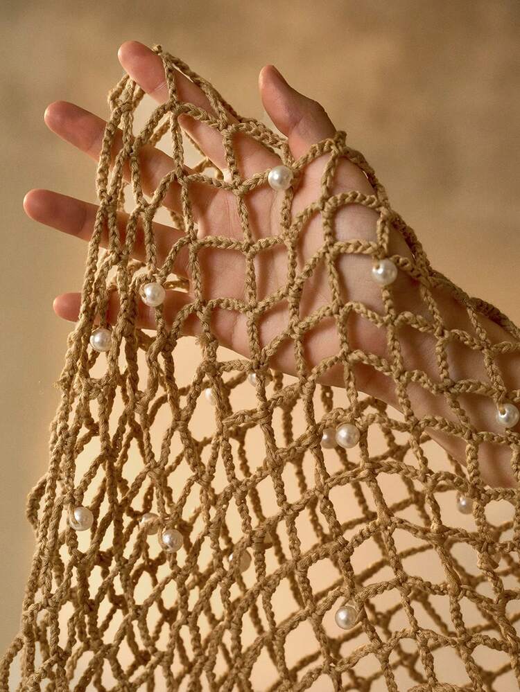 HANDMADE CROCHET PEARL DECOR BIKINI VACATION BOHEMIAN 3 PIECES BIKINI SWIMSUIT & COVER UP SKIRT