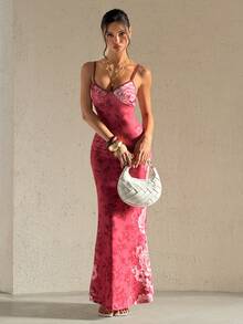 Bluhae 女士印花修身迷人优雅日常度假通勤时尚约会法式街头复古百搭春夏酒红色新款长款无袖吊带裙 - 彩色 - 查看 6