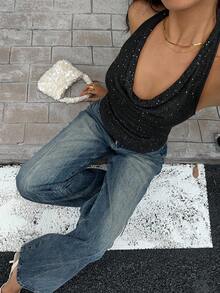 Siren Gaze 女士性感时尚露背亮片吊带针织上衣，适合夏季、度假和街头穿着 - 黑色 - 查看 6