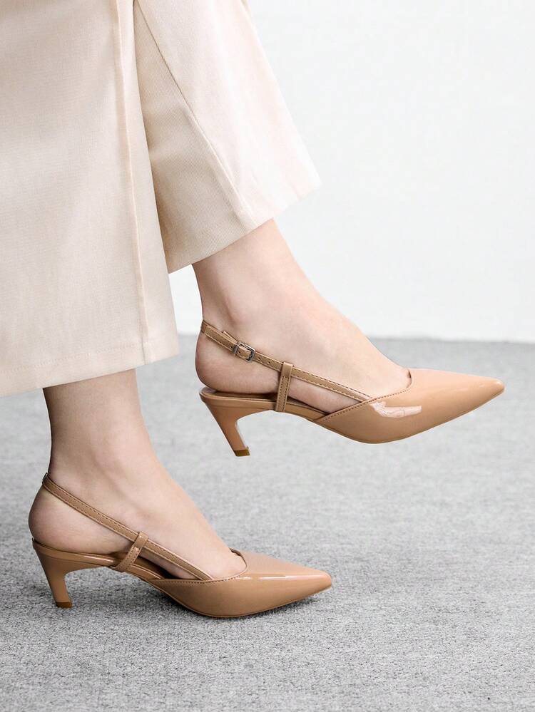 CUCCOO BIZCHIC Women Shoes Spring And Autumn New Pointed Middle Heel Apricot Back Strap Slingback Women's High Heel Shoes Slingback Shoes Simple Commuter Daily Versatile Work Women's Shoes Spring Shoes