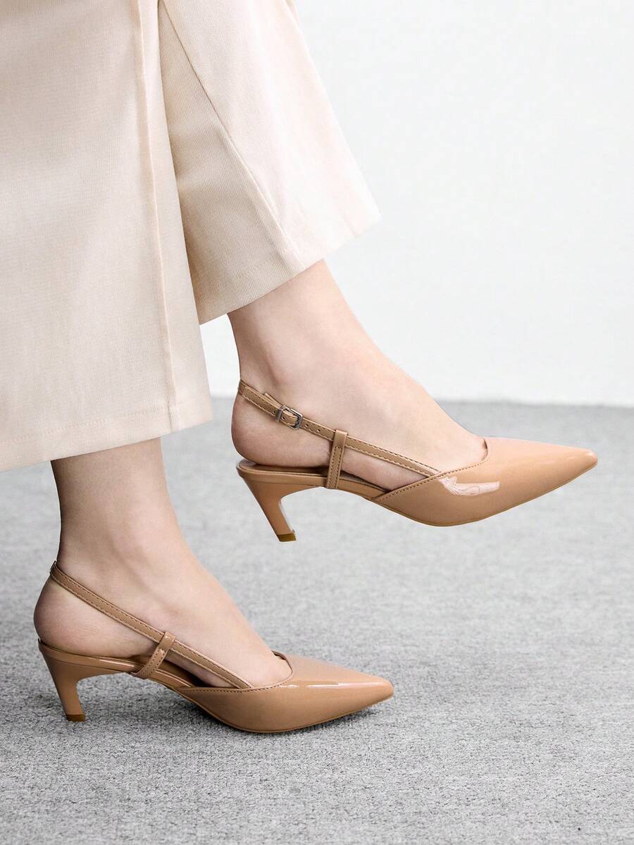 CUCCOO BIZCHIC 女士鞋履春秋新款尖头中跟杏色后系带露跟高跟鞋，简约通勤日常百搭工作鞋 - 杏色 - 查看 1