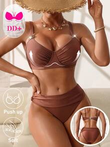 Swim DD+ Women Solid Color Spaghetti Strap Gold Decor Triangle Bikini 2 Pieces Swimwear Set - Coffee Brown - View 1